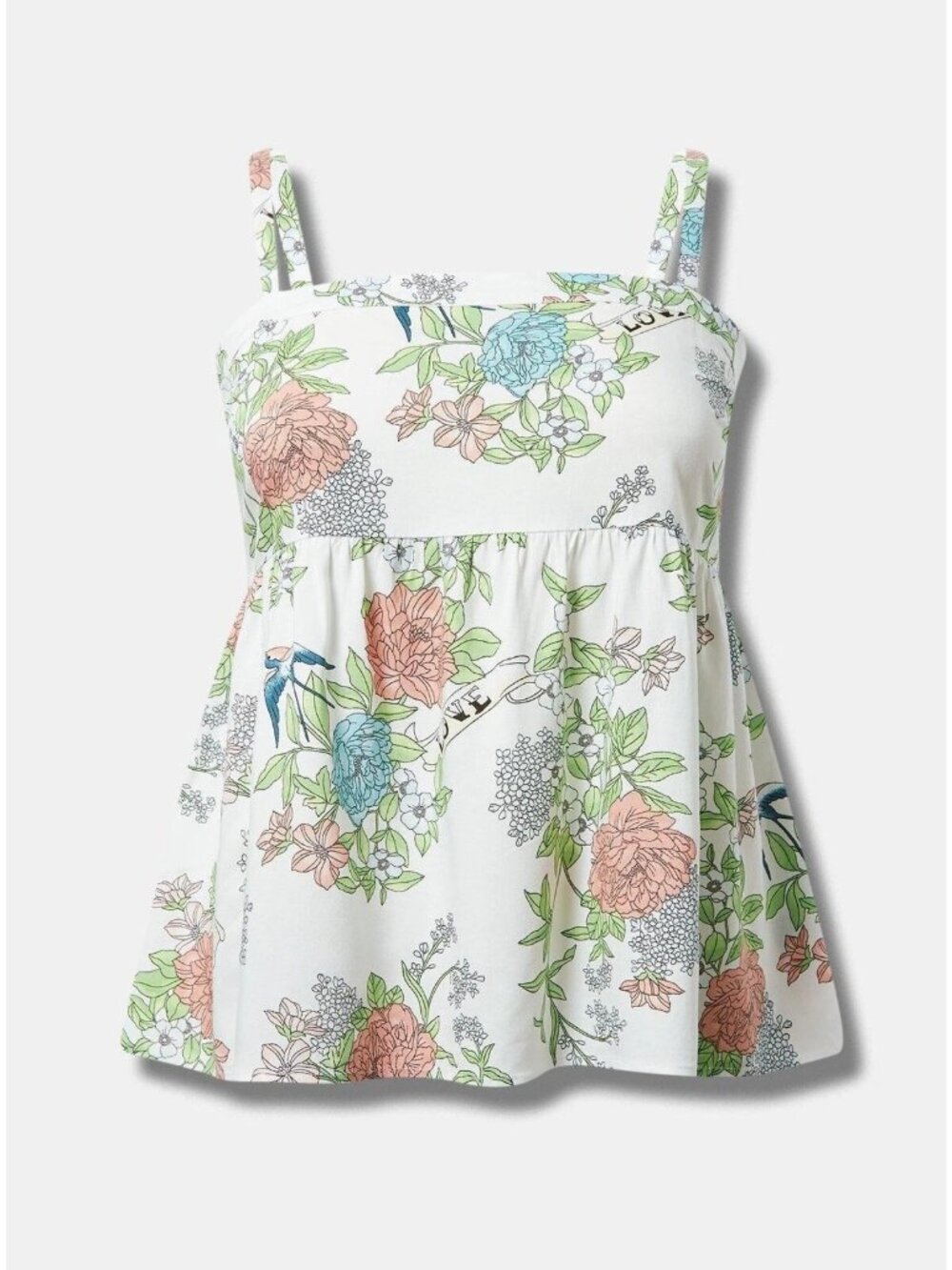 Torrid Babydoll Challis Square Neck Floral Tank Top Cloud Dancer Adjustable Stra